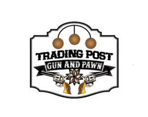 A gun and pawn shop logo with three guns.